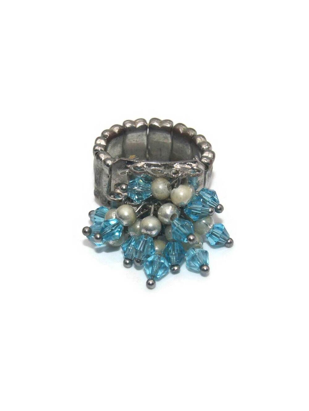 Vintage Silver Tone and Blue Glass Beads Size 7 Elastic Cha Cha Ring.